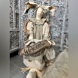 Primitive Bunny Rabbit Doll with Welcome Sign